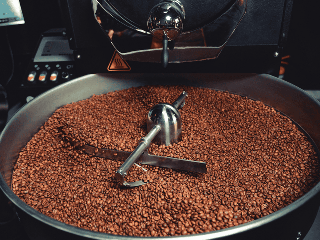 Coffee beans being roasted in a machine with a focus on the roasting process.