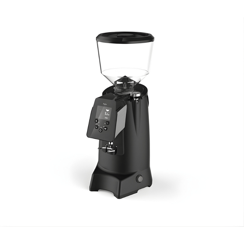 Front right view of the CREM Pulse 65 coffee grinder in black
