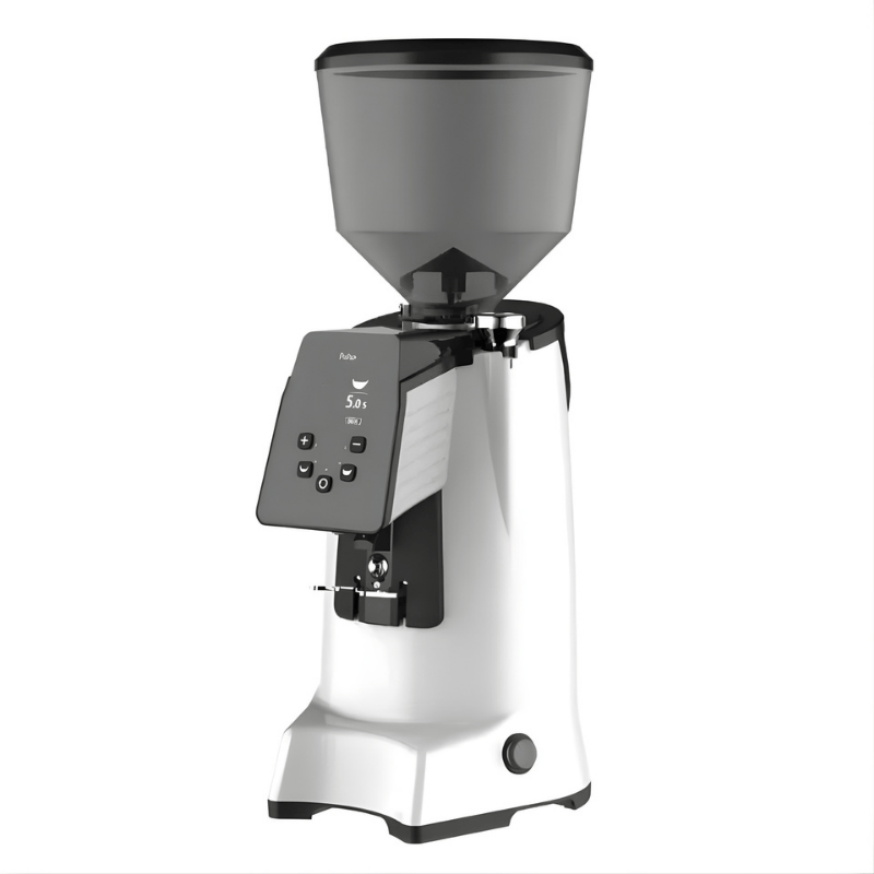 Front right view of the CREM Pulse 75 coffee grinder in white