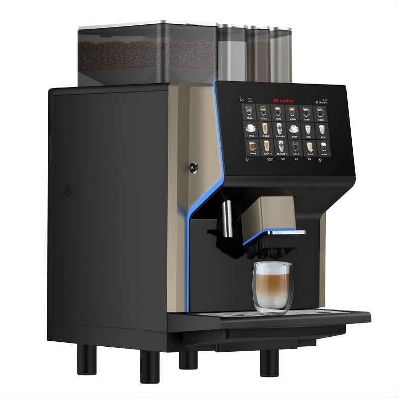 Front right view of Dr Coffee Coffee Centre bean to cup coffee machine with coffee dispensed 