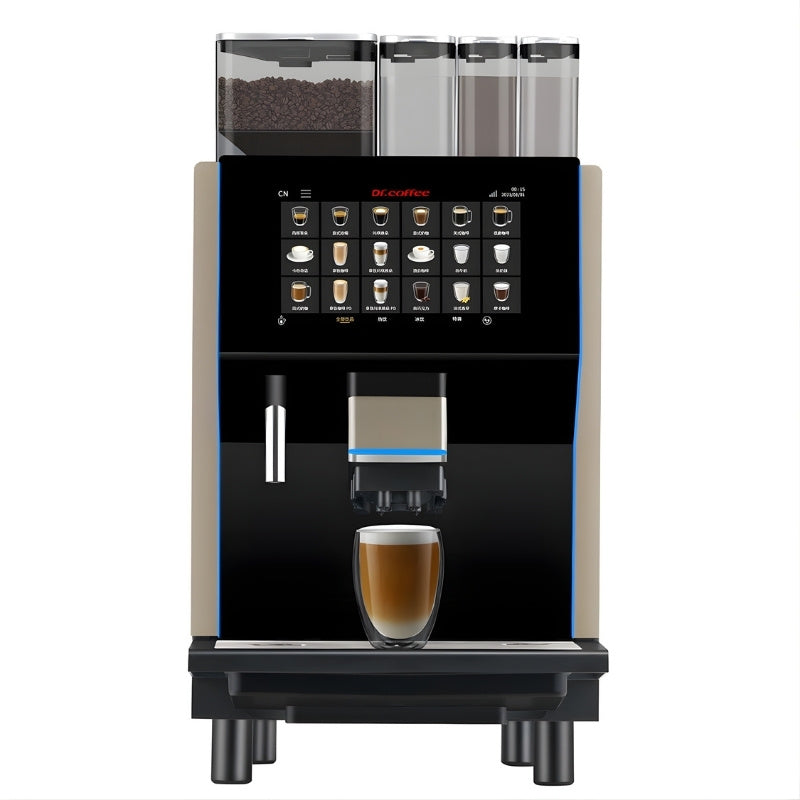 Front view of Dr Coffee Coffee Centre bean to cup coffee machine with coffee dispensed 