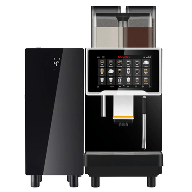 Front view of the Dr Coffee F30 Bean to cup coffee machine with the Dr Coffee SC10 Milk fridge attached to its side