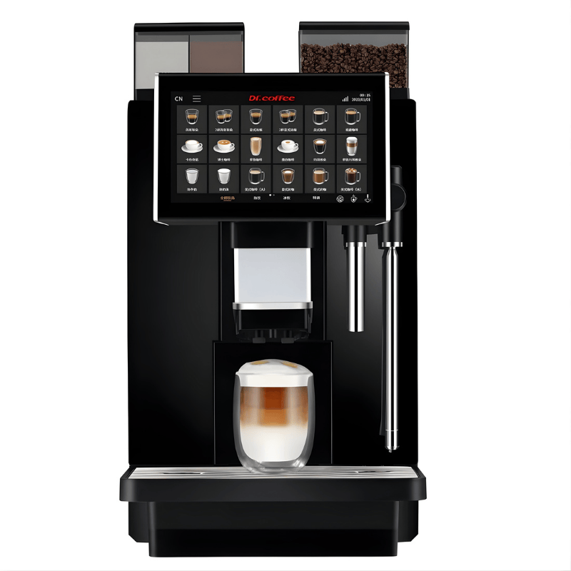 Front View of the Dr Coffee Coffee Zone Bean to cup coffee machine with a dispensed coffee