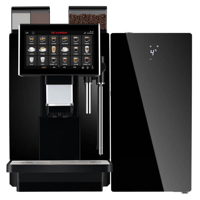 Dr Coffee Coffee Zone bean to cup coffee machine paired with the SC10 Milk Fridge optional accesory