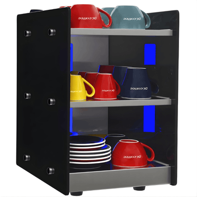 Front left view of the Dr Coffee Cup warmer with dr coffee branded cups and plates on display