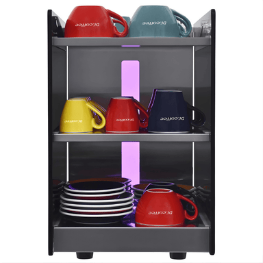 Front view of the Dr Coffee Cup warmer with dr coffee branded cups and plates on display