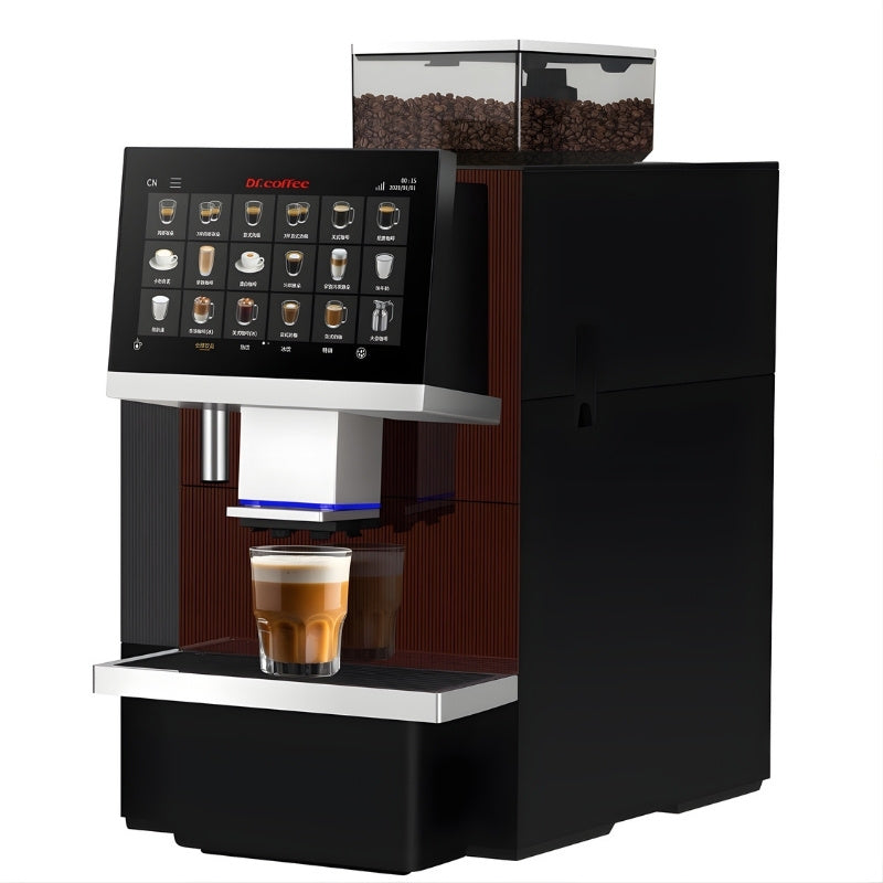 Dr Coffee F16 Bean to Cup Coffee Machine Front Right View with coffee