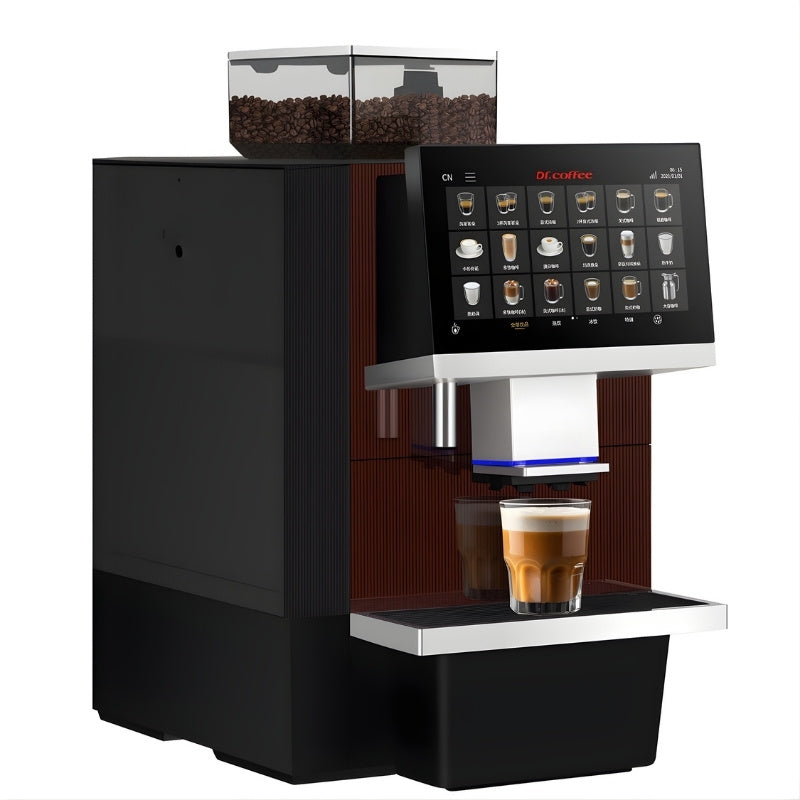 Dr Coffee F16 Bean to Cup Coffee Machine Front Left View with coffee