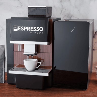 Dr Coffee F16 Bean to Cup Coffee Machine with SC10 Milk fridge on a bench with the Espresso Direct logo on the screen