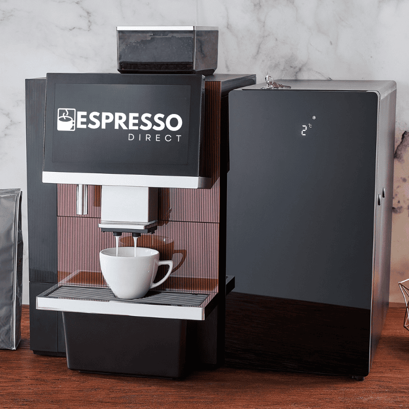 Dr Coffee F16 Bean to Cup Coffee Machine with SC10 Milk fridge on a bench with the Espresso Direct logo on the screen