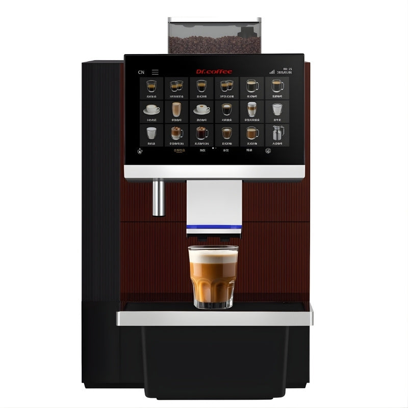 Dr Coffee F16 Bean to Cup Coffee Machine Front View with coffee