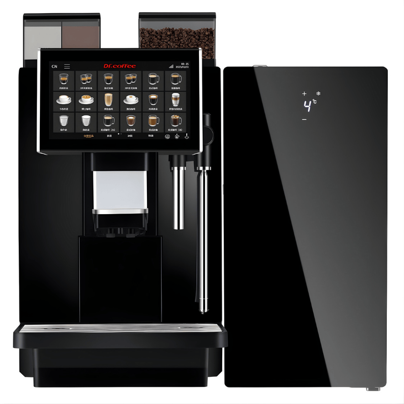 Dr Coffee SC12 Milk Fridge front view paired with dr coffee coffee zone bean to cup coffee machine