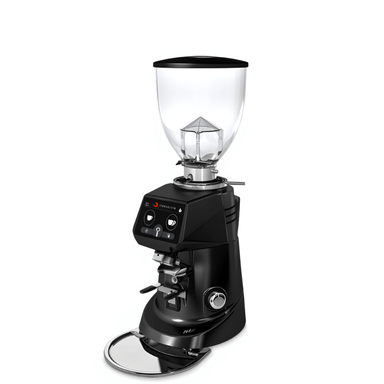 Diagonal view of the Fiorenzato F64 Evo commercial coffee machine grinder in the black colour option on a white background
