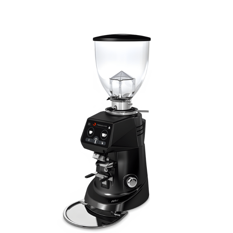 Diagonal view of the Fiorenzato F64 Evo commercial coffee machine grinder in the black colour option on a white background