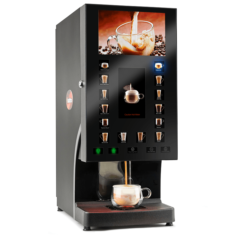 Matrix Quattro media instant coffee machine diagonal view of machine dispensing a coffee