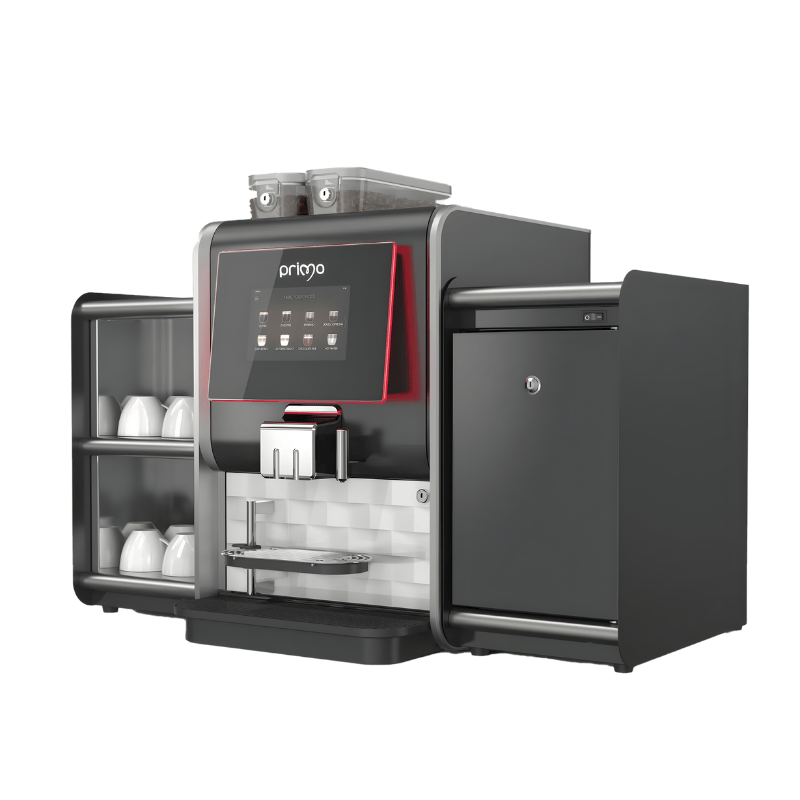 Westomatic Primo Compact bean to cup coffee machine side view with cup warmer and milk fridge