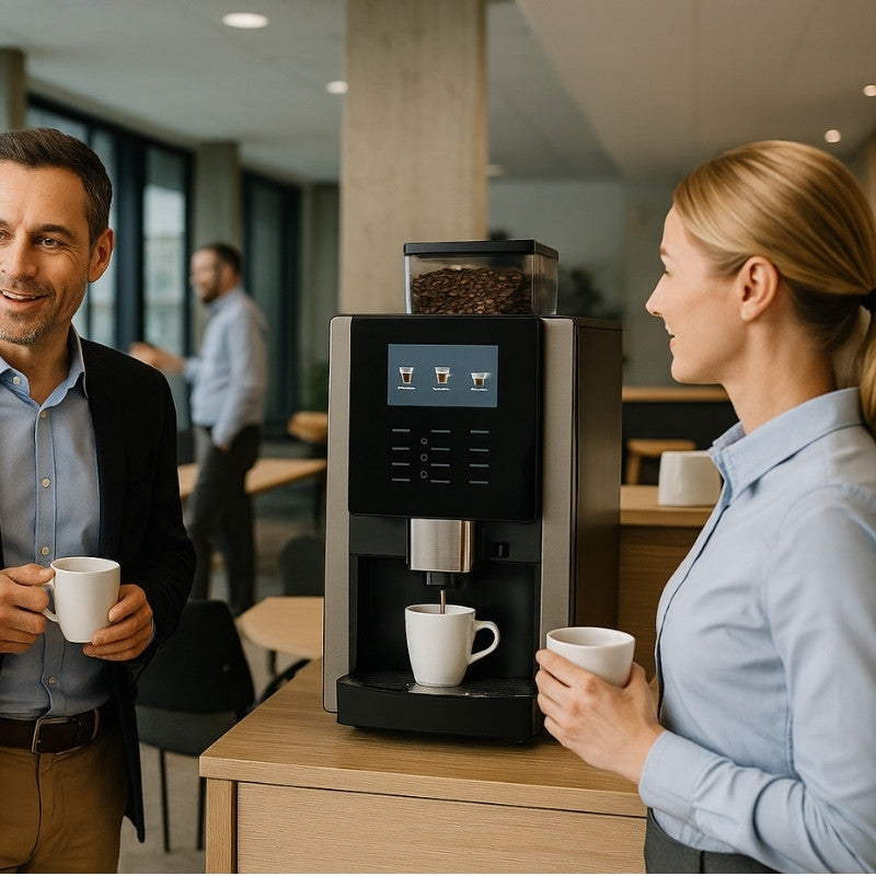 Two people with coffee cups standing next to a bean to cup coffee machine in an office setting.