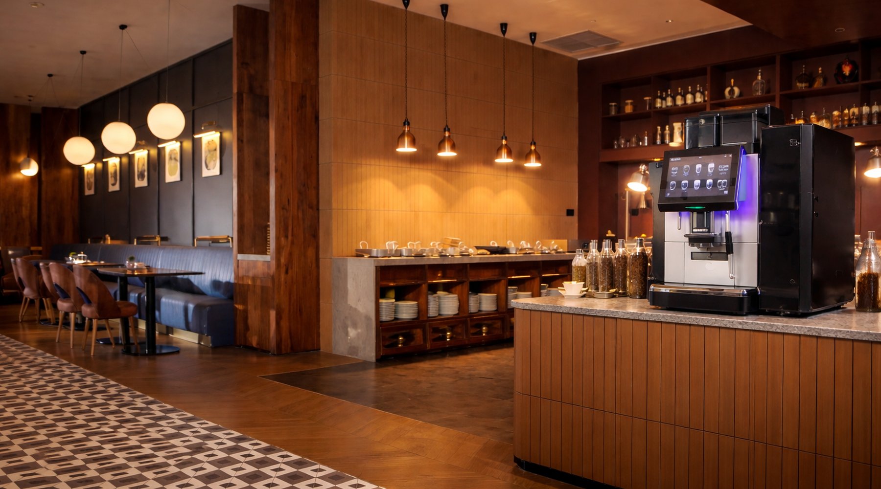 Modern bar interior with coffee machine and decor elements