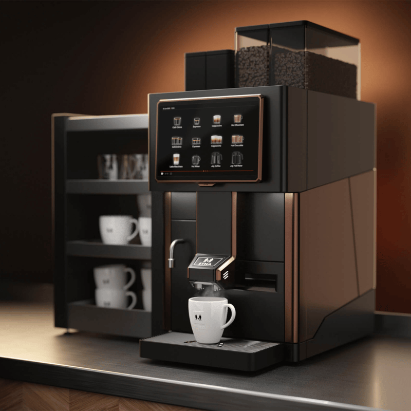 Commercial bean to cup coffee machine dispensing a coffee on a bench with cups and a cup warmer adjacent to the machine